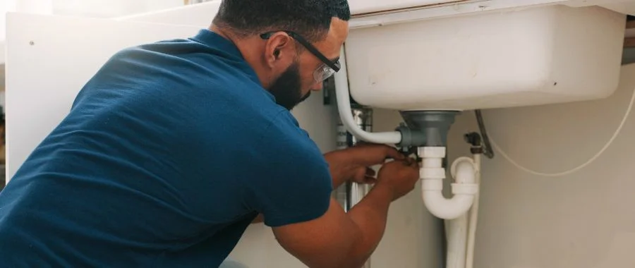 Man inspecting pipes under a sink.