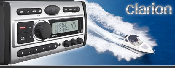 Marine audio head unit next to a speeding boat