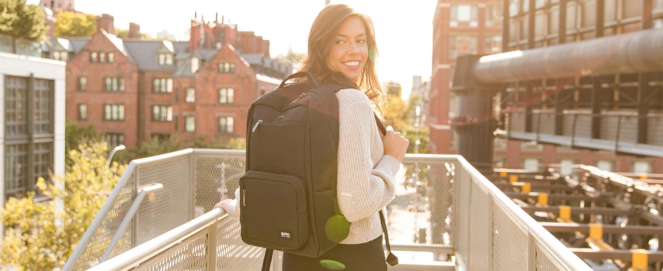 Woman wearing a solo backpack