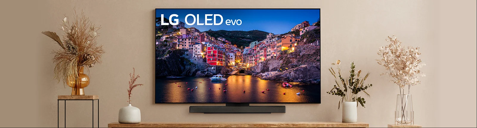 LG OLED Mounted on a light brown wall