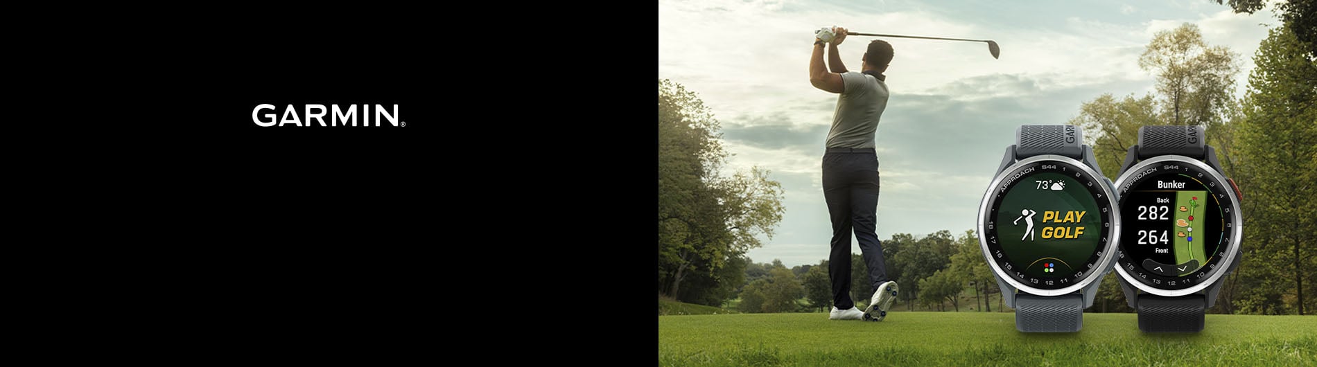 Man golding outdoors with golf watch