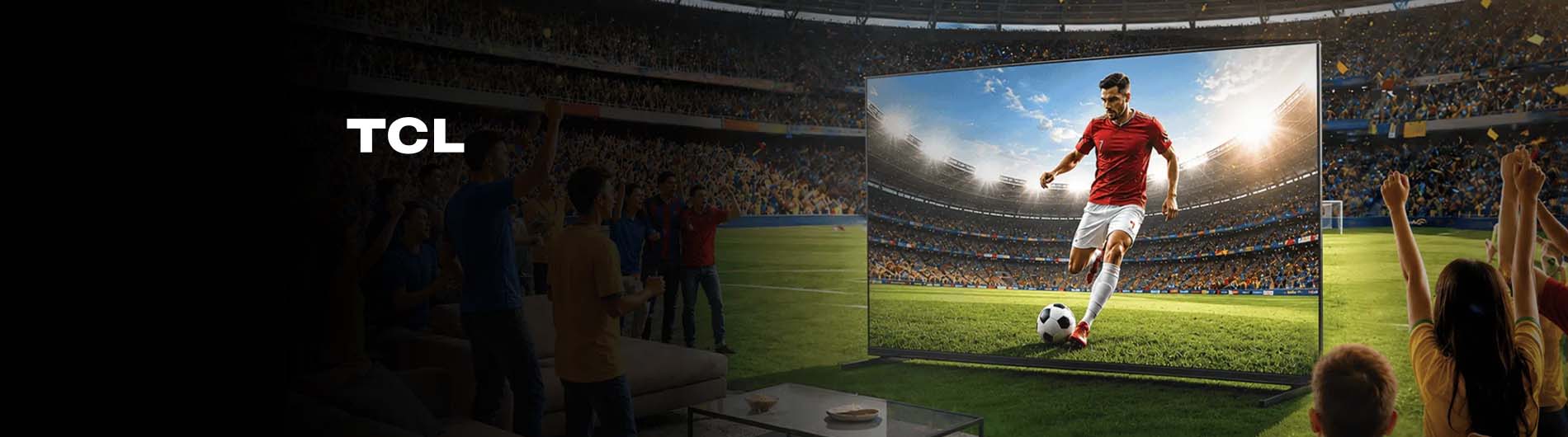 4K TV on on soccer field surrounded by fans