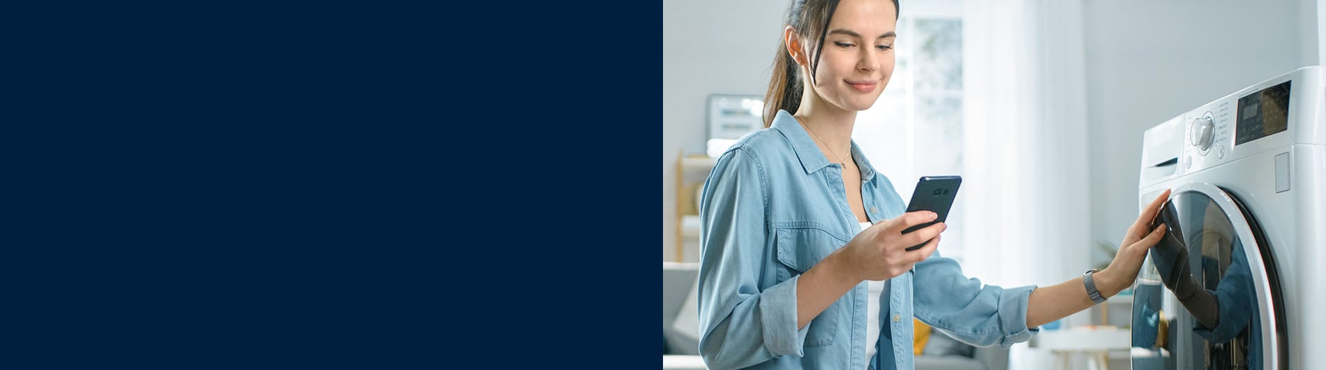 Woman on phone interacting with washing machine