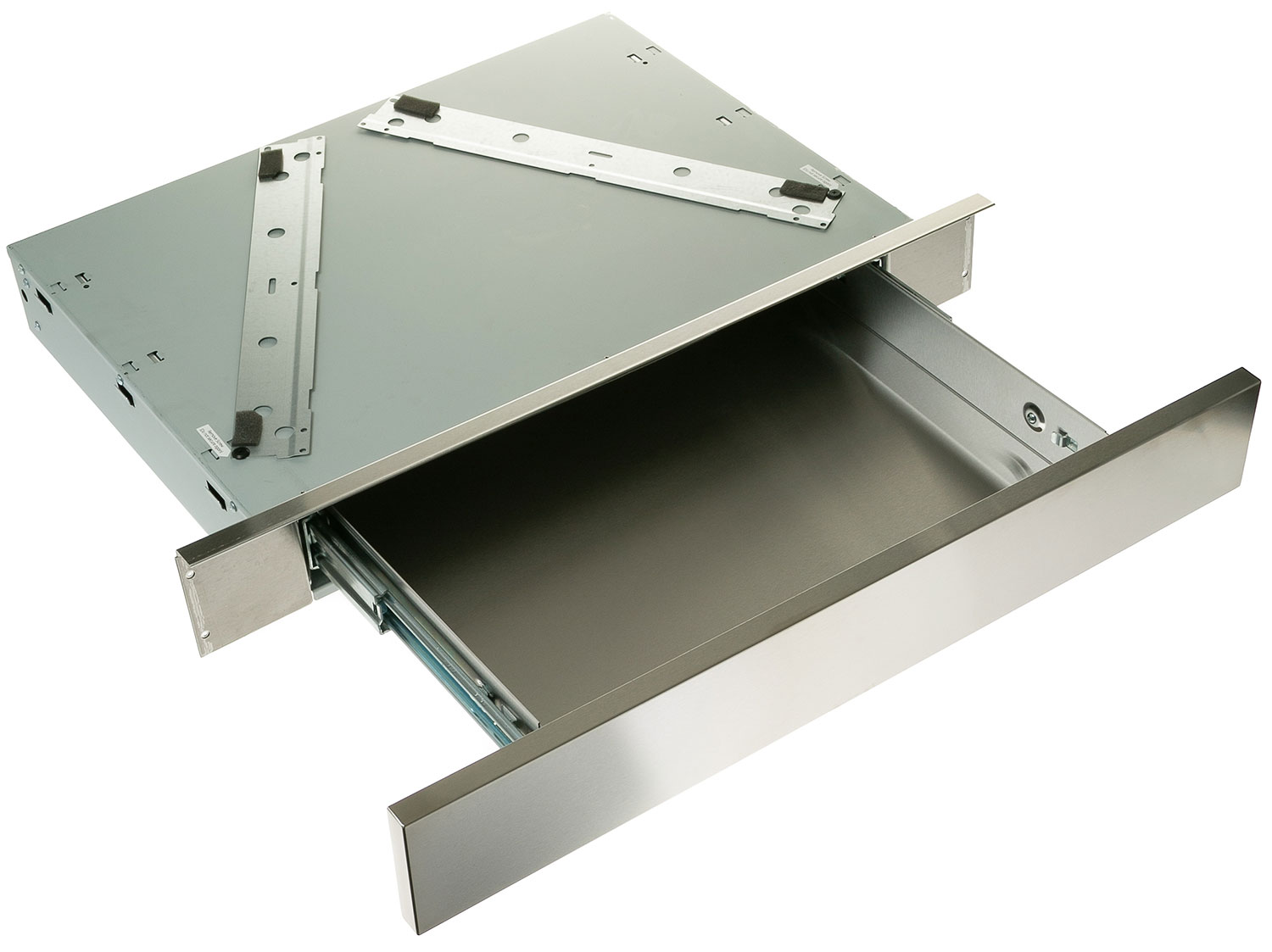 A metallic drawer with an open slide.