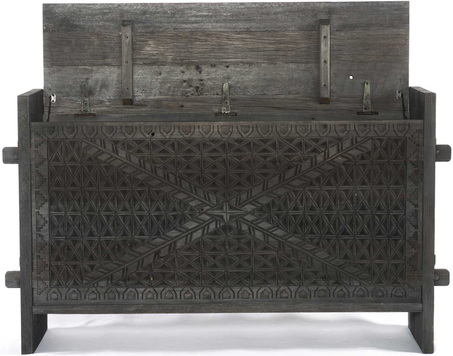 Rear view showing sideboard legs and peg-like supports, dark wood with visible grain, reinforced panels.