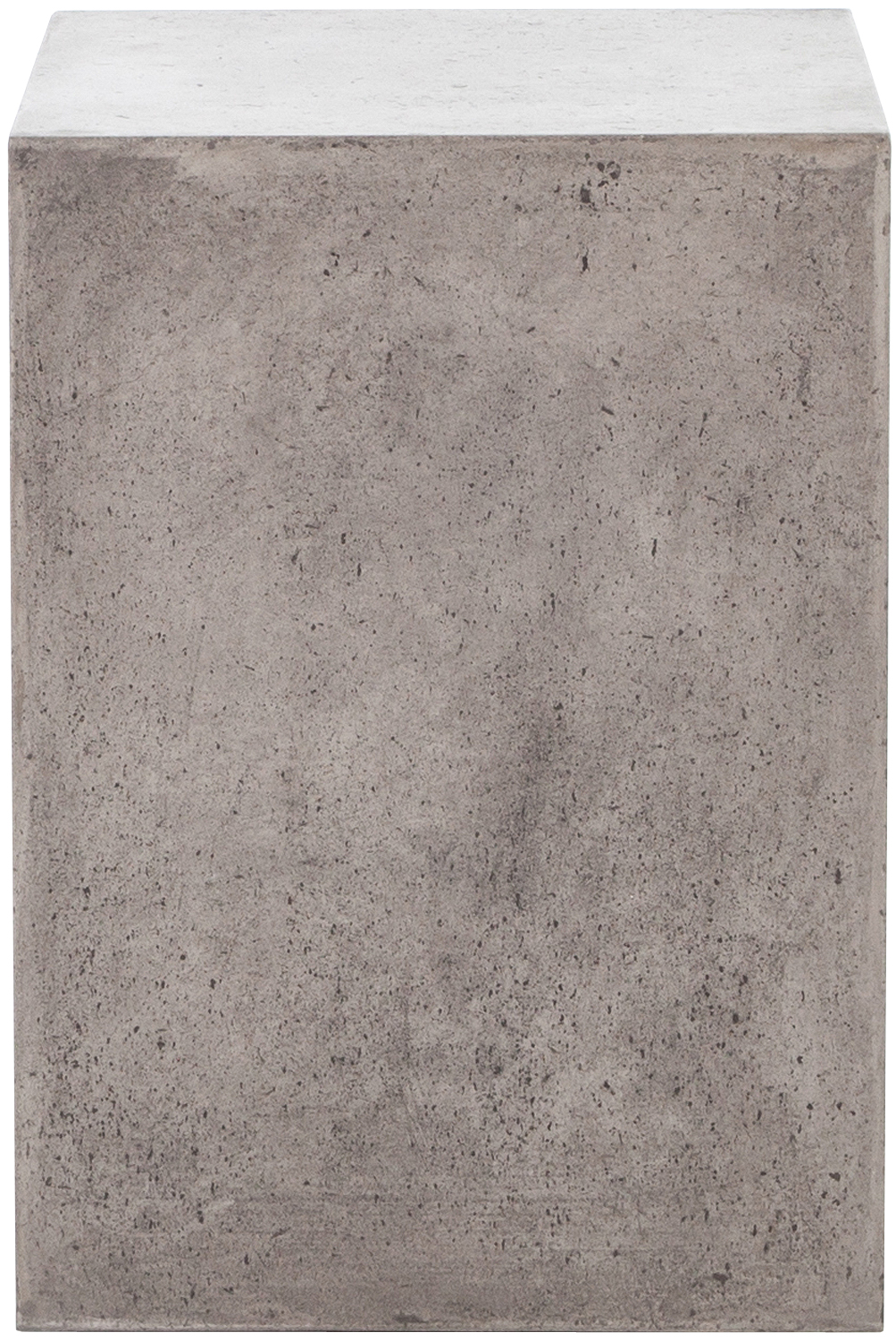 A close-up of the top surface of a gray concrete side table