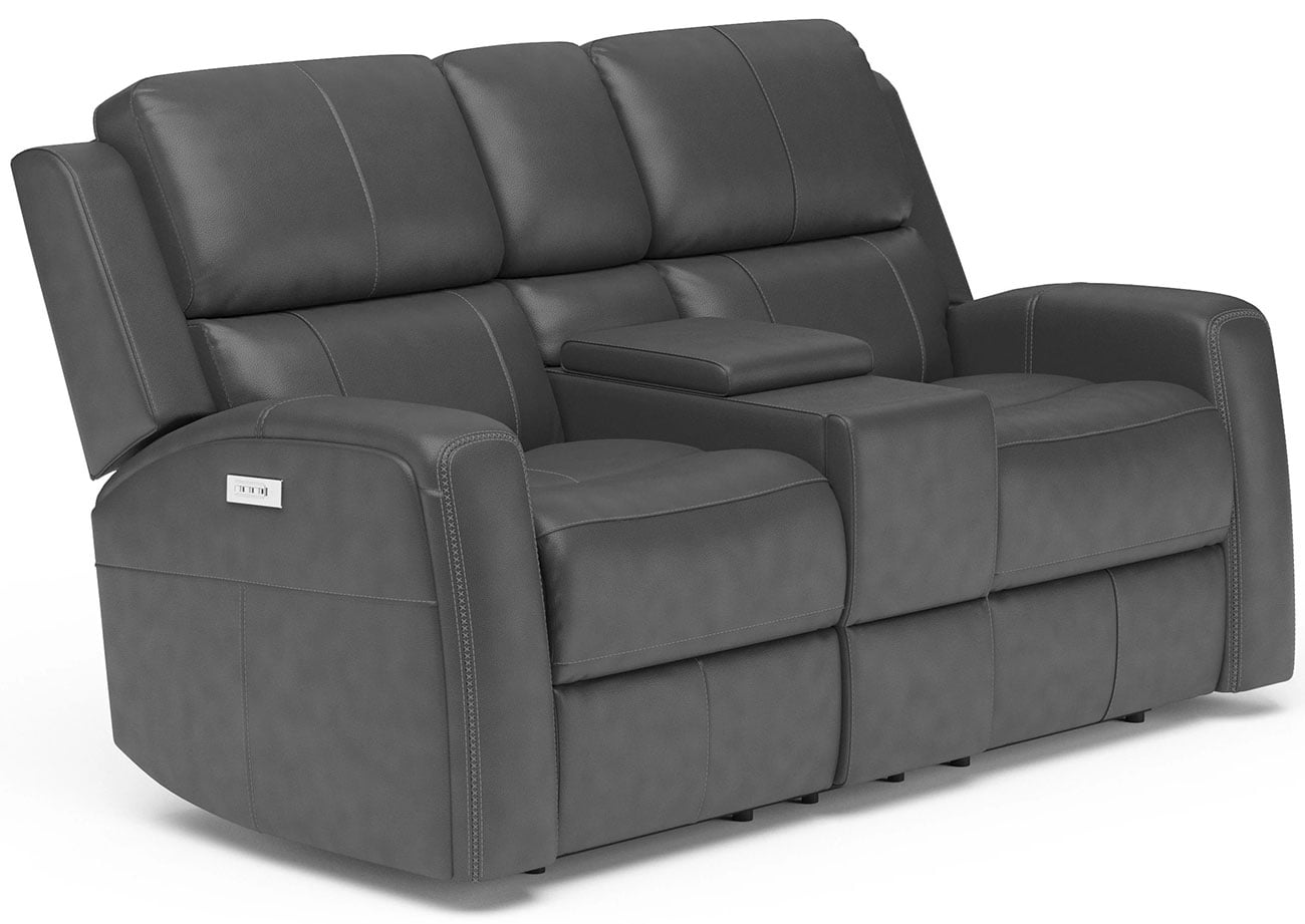 Flexsteel Linden Gray Leather Power Reclining Loveseat with Console & Power Headrests & Lumbar