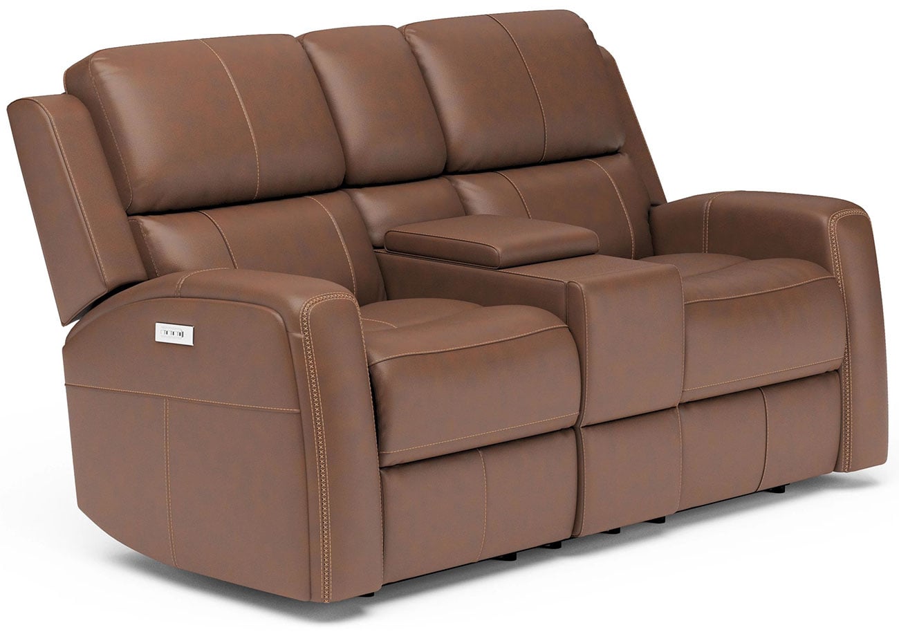 Flexsteel Linden Brown Leather Power Reclining Loveseat with Console & Power Headrests & Lumbar
