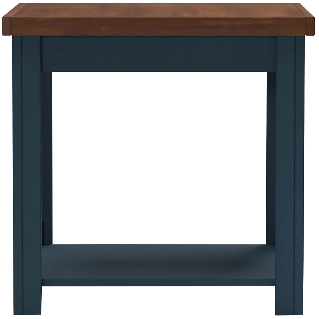 A side table with a brown wooden top and blue metal legs.