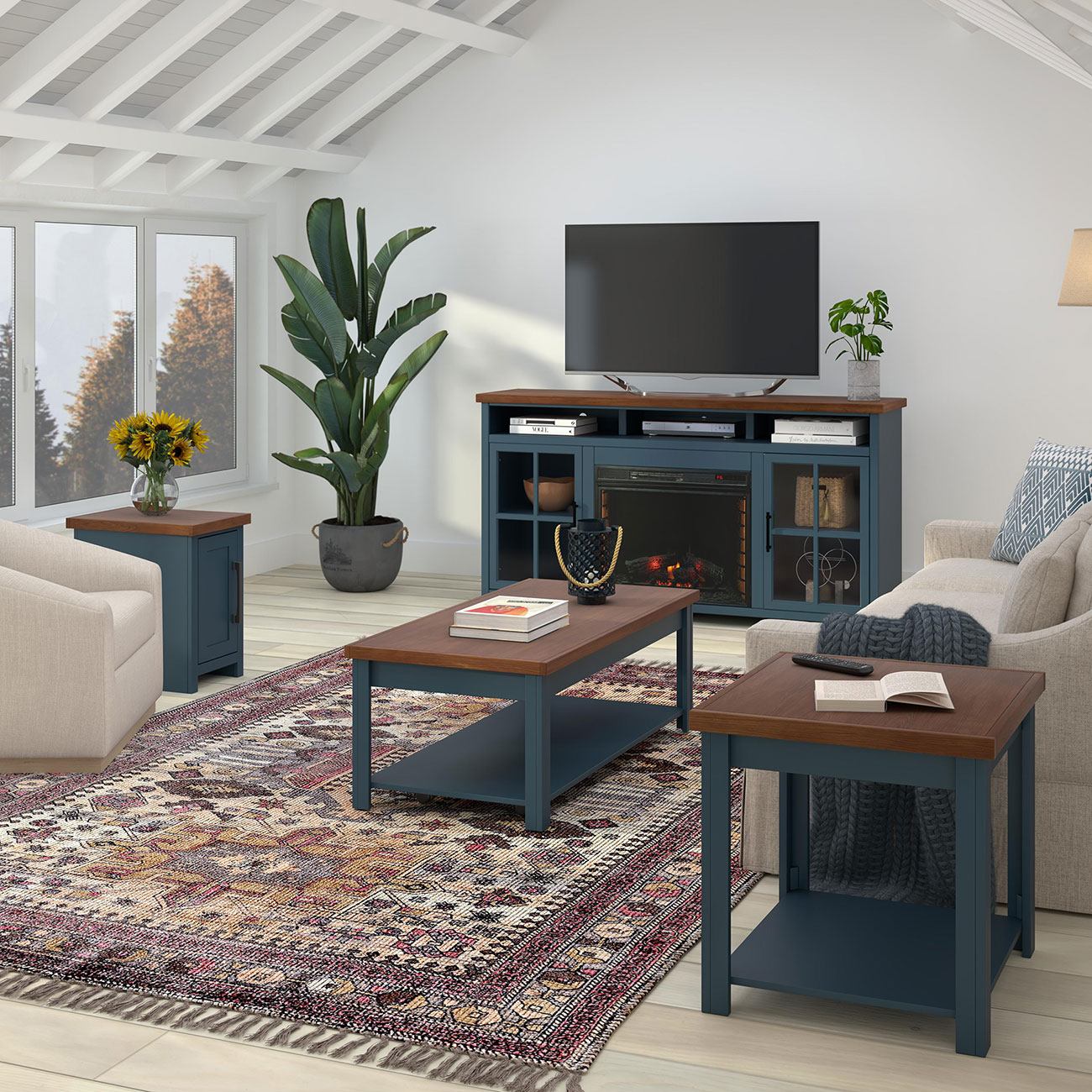 A coffee table and side table in a living room with brown wooden tops and blue metal legs.
