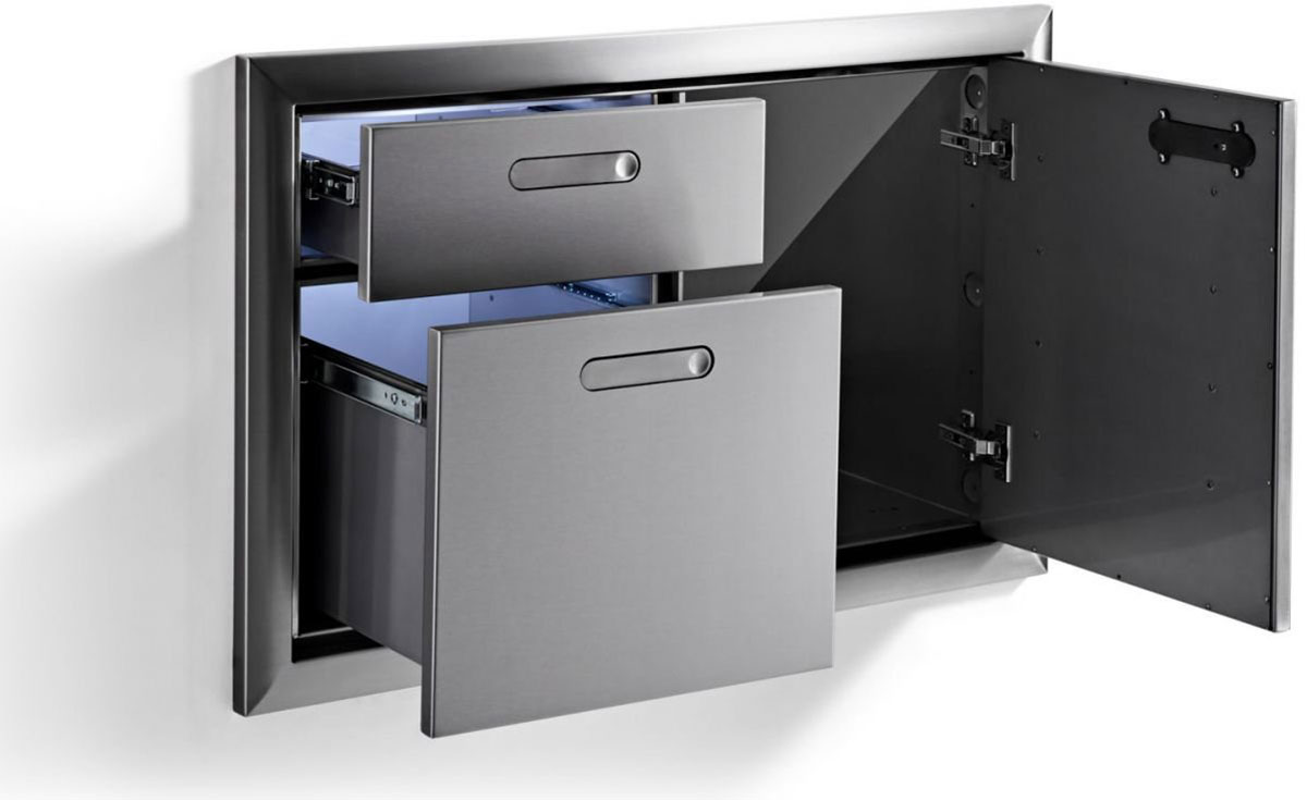 A stainless steel cabinet with two drawers and a door, with the door and drawers open.