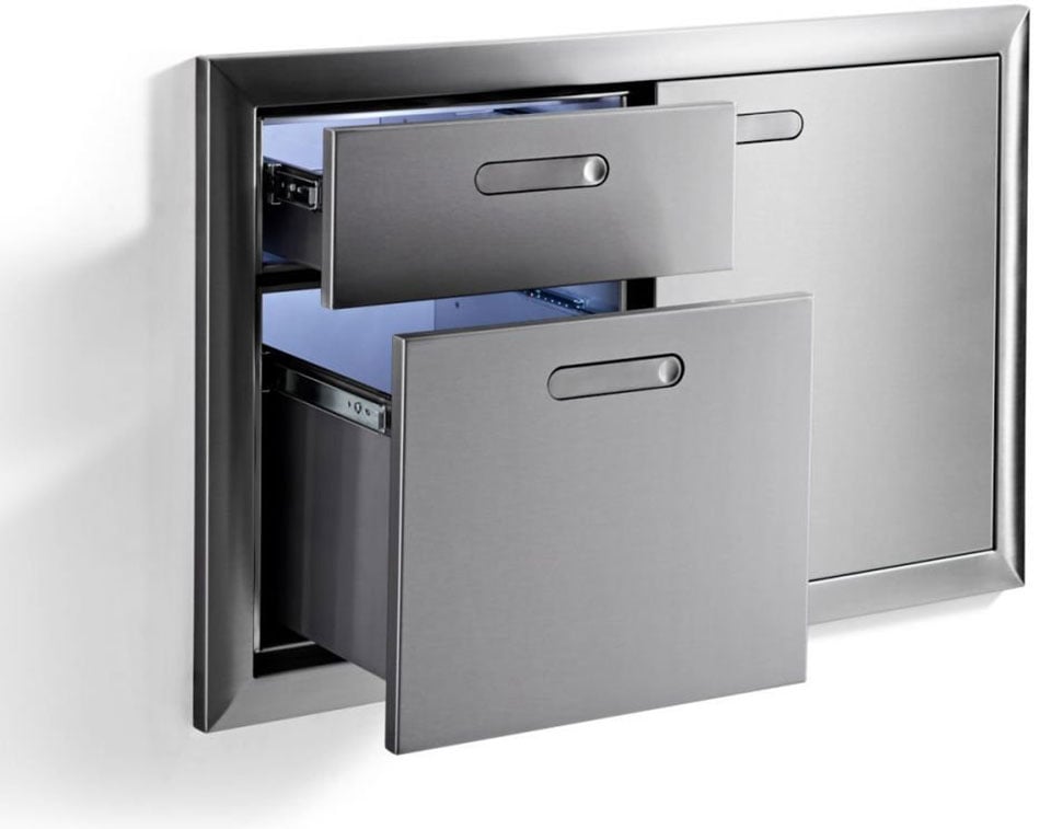A stainless steel cabinet with two drawers and a door, with the drawers pulled out.