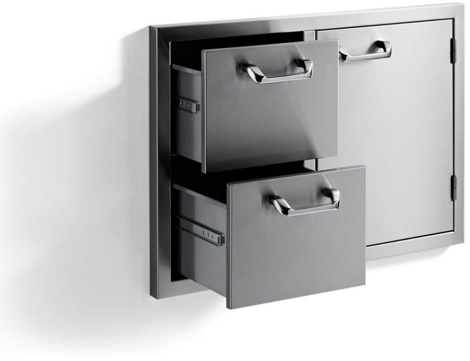 Stainless steel cabinet with two drawers and one door, drawers open