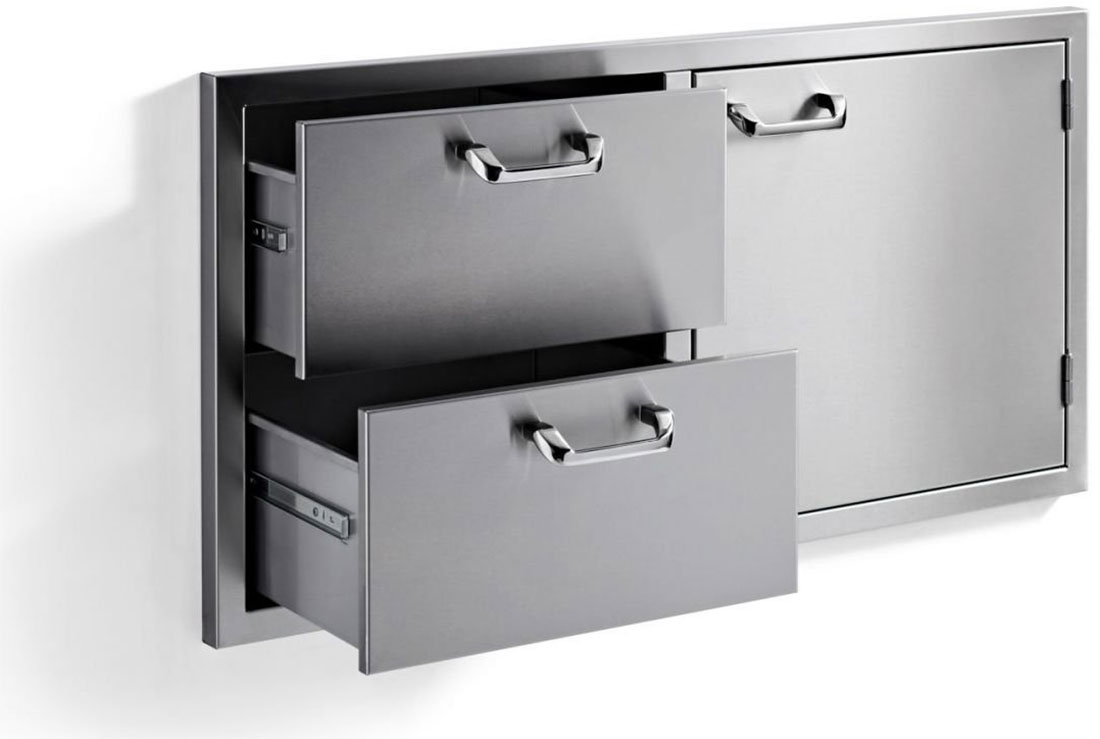 Stainless steel wall-mounted cabinet with two drawers and a door, drawers open