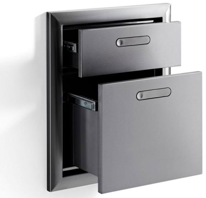 A silver metal cabinet with two drawers, one on top of the other, with the drawers open.