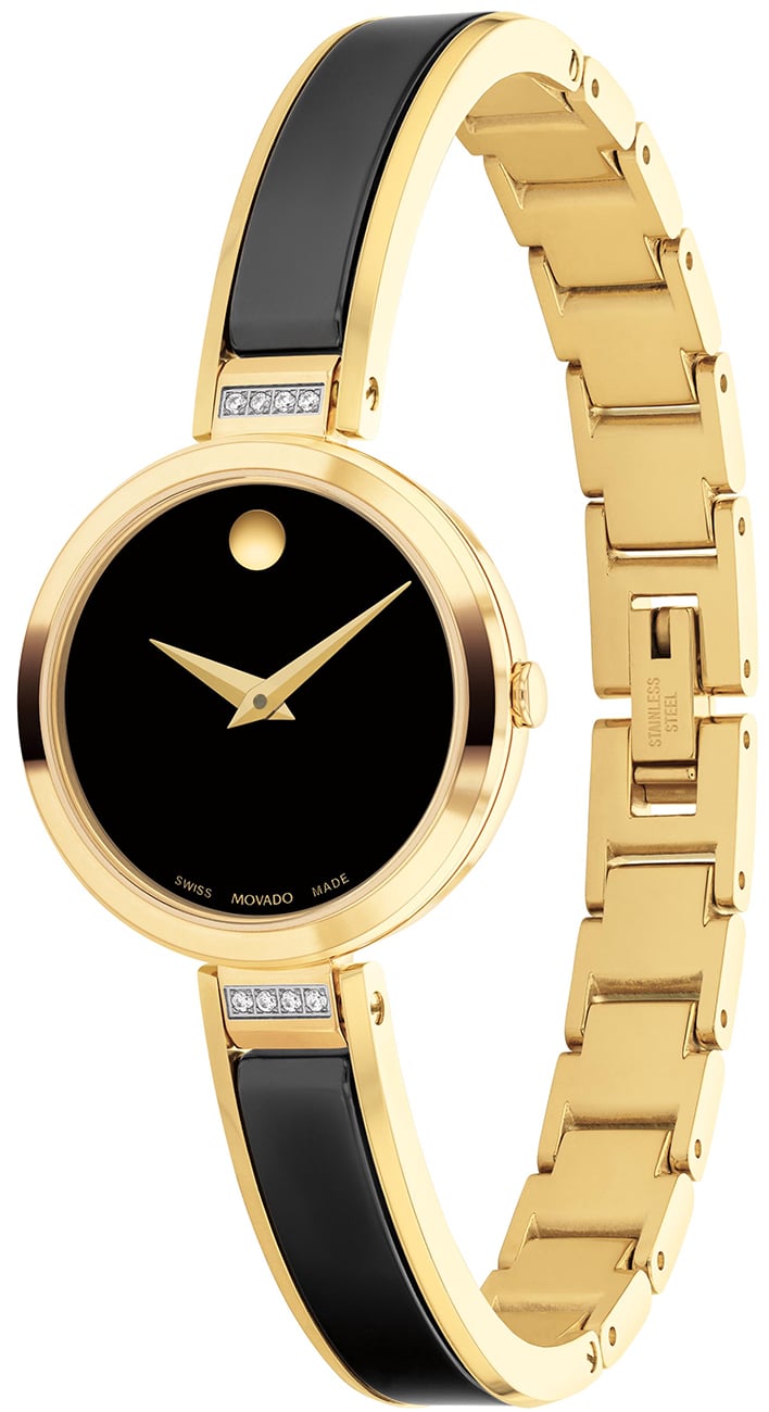 Movado Moda Black Dial Yellow Gold PVD Bangle 0607716 display picture 1