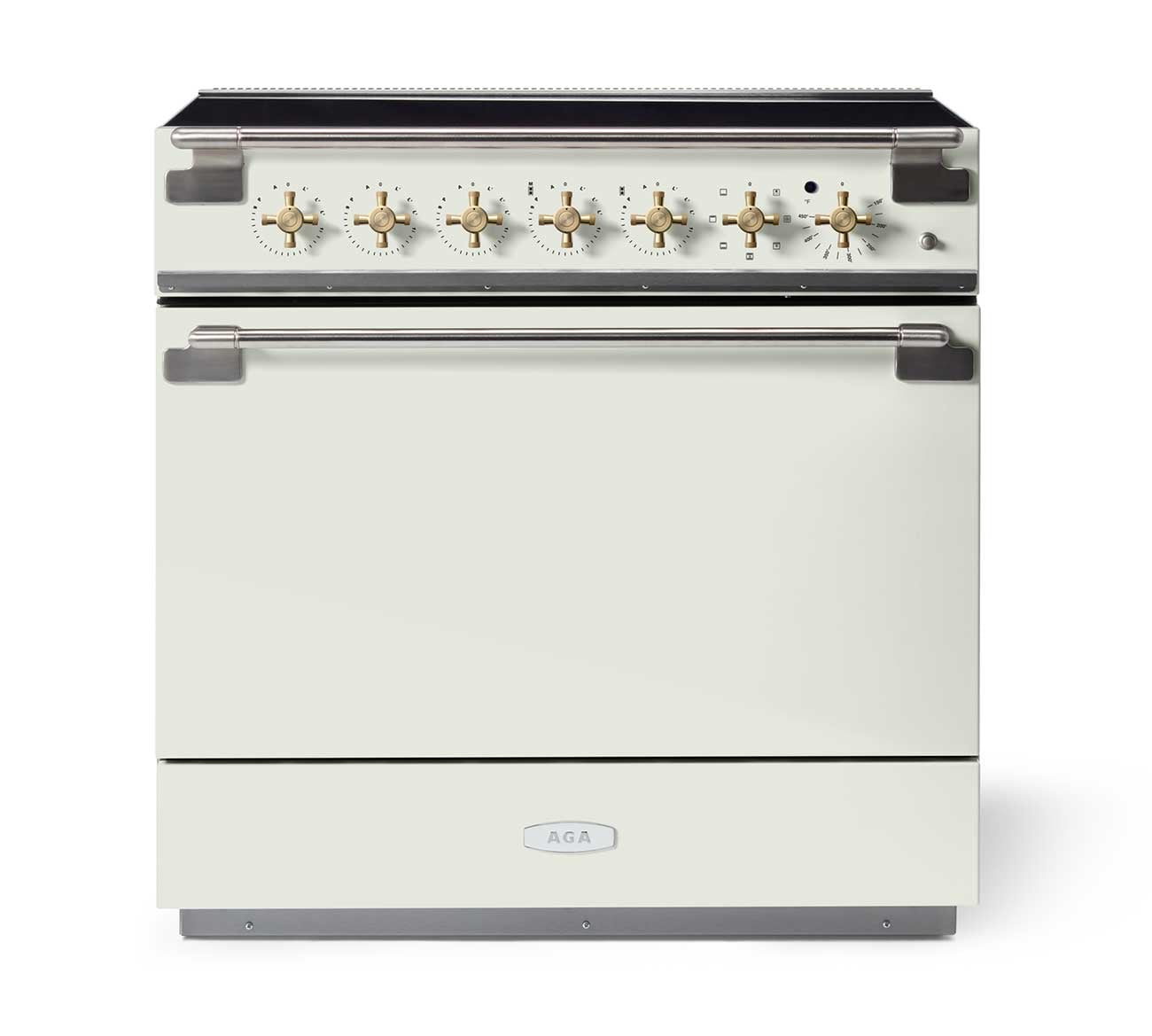 AGA Elise Induction Range 36-Inch Antique Brass Handle Stanchion and Knobs in White