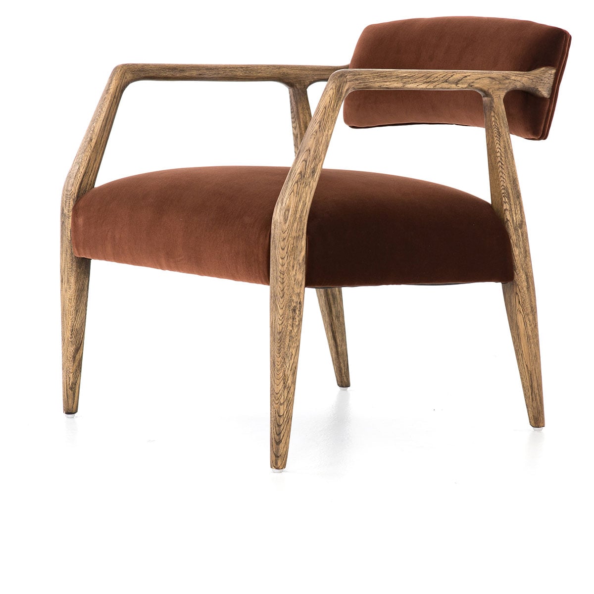Front view of a single brown velvet upholstered armchair with wooden frame and curved arms.