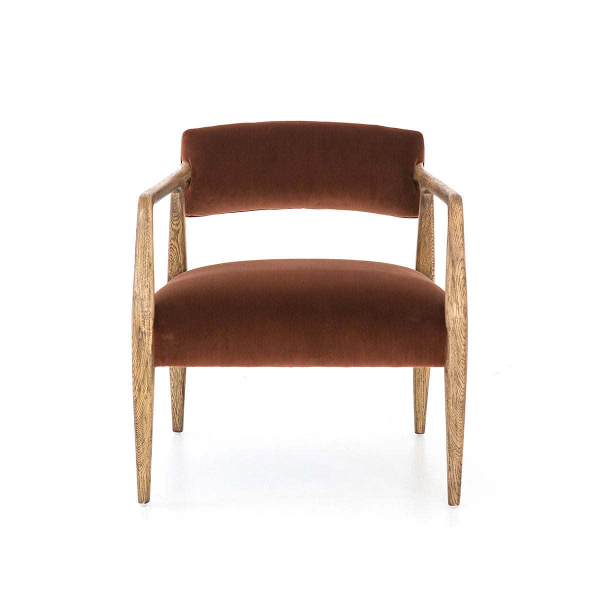 Close-up of the brown velvet seat of the wooden-armed chair showing texture and stitching detail.