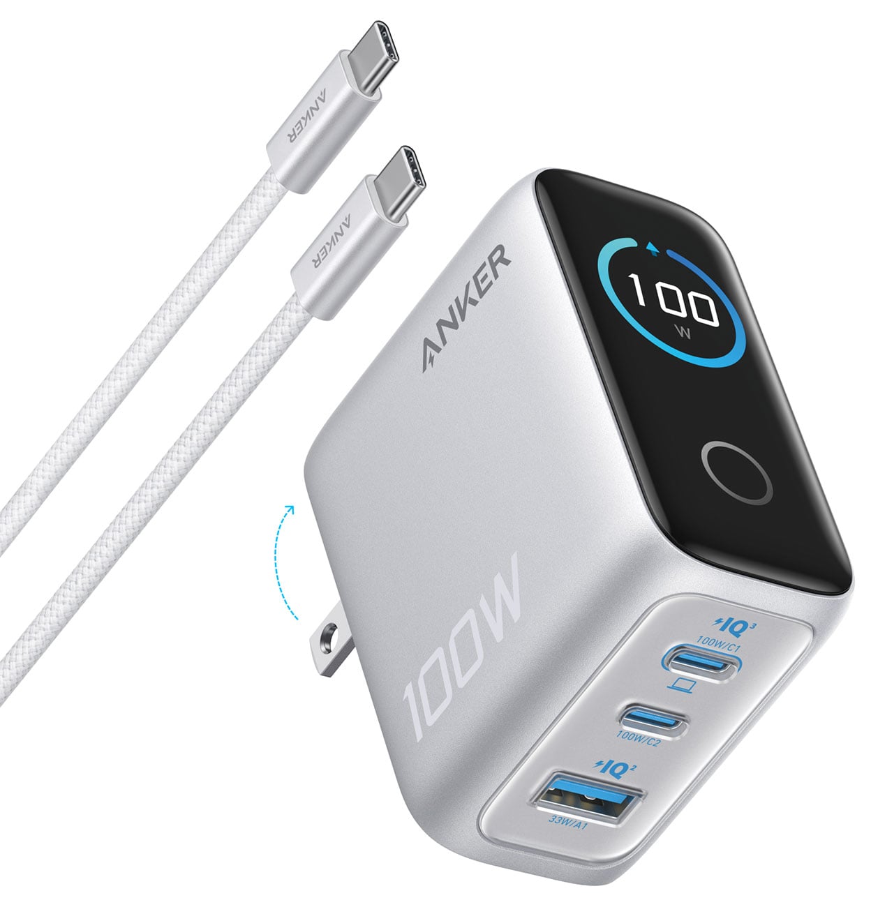 Anker Charger (100W, 3 Ports, Smart Display) in Silver
