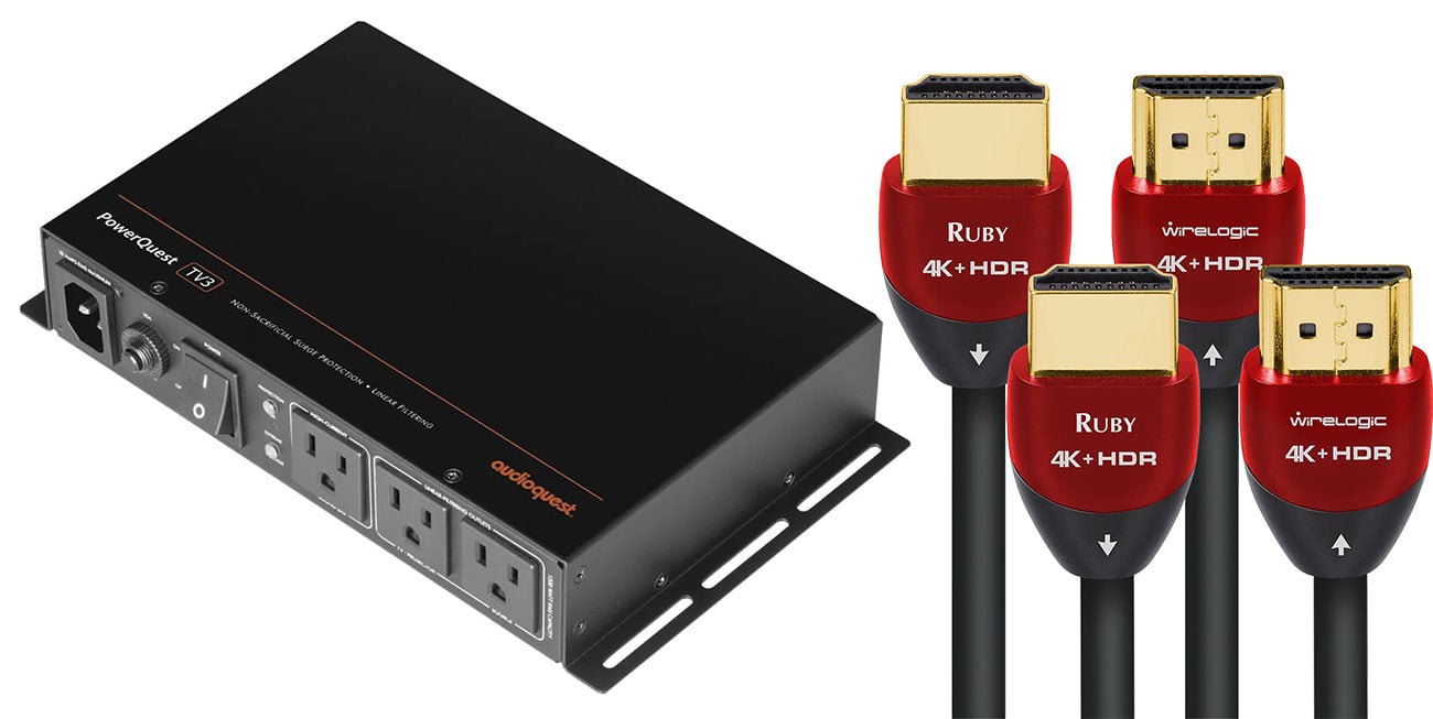 AudioQuest PowerQuest TV3 Mountable Surge Protector & 2 WireLogic Ruby 8-Foot 18Gbps HDMI Cables Bundle