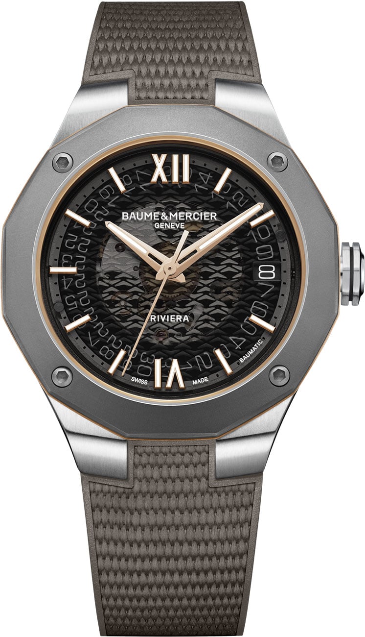 Baume & Mercier Riviera 39mm Watch with Transparent Smokey Grey Dial and Strap