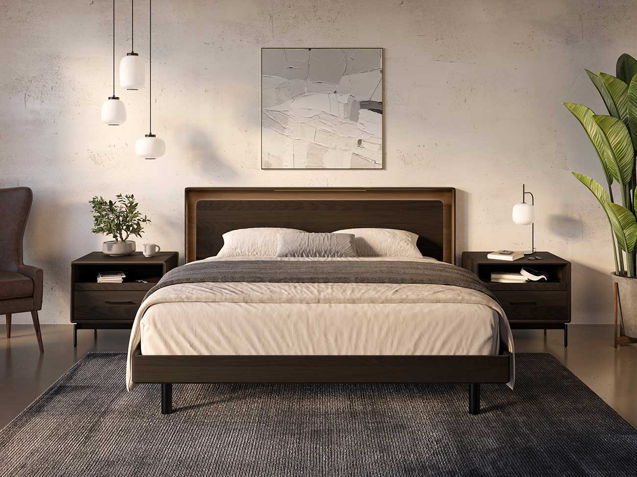Close-up of side of wooden bed showing built-in power strip and slot for phone in the headboard with mid-century modern legs.
