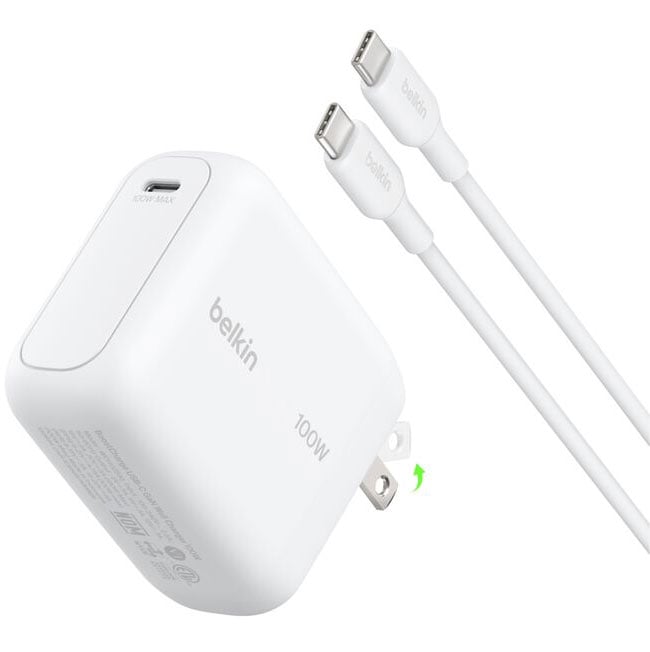 Belkin BoostCharge USB-C GaN Wall Charger 100W and USB-C Cable in White