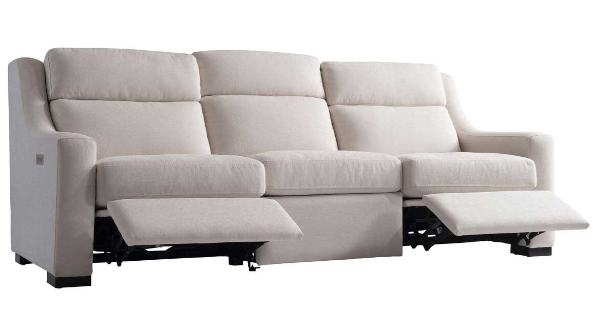 Close-up of fabric texture and built-in control panel on the side of the armrest.
