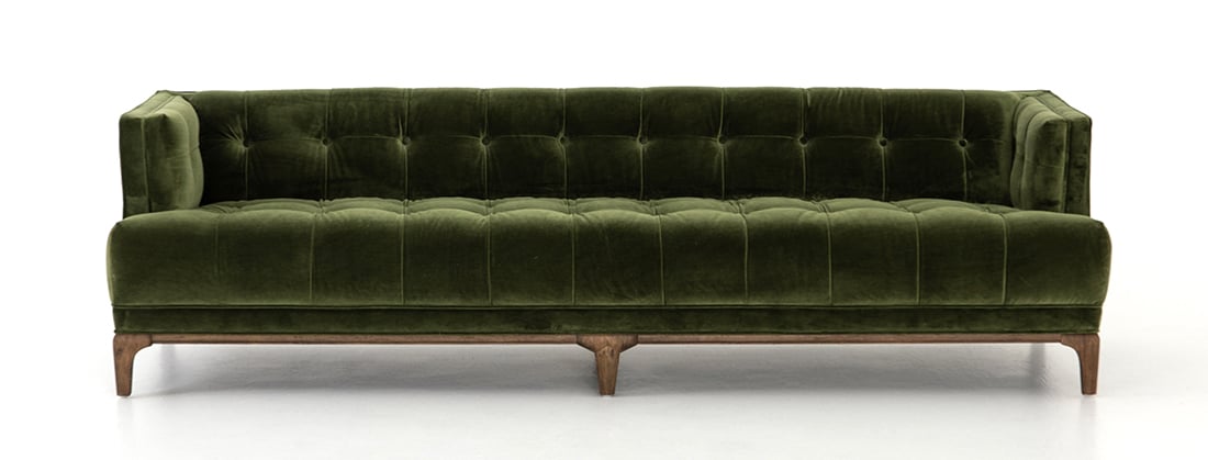 Allen Mid Century Green Velvet Brown Wood Frame Button Tufted Sofa - 91.25"W