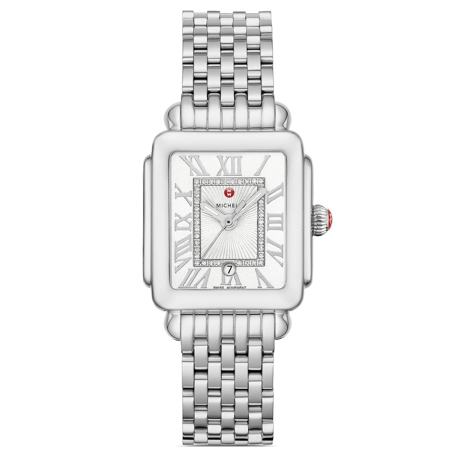 Michele Deco Madison Mid White Silver Sunray w/ Diamond Dial Silver Bracelet Watch, 31mm