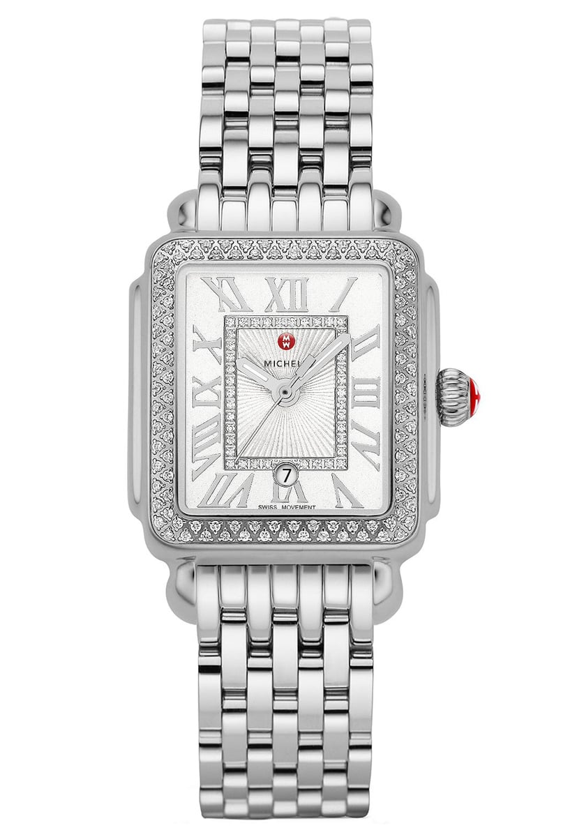 Michele Deco Madison Mid White Silver Sunray w/ Diamond Dial Stainless Steel Bracelet Watch, 29mm