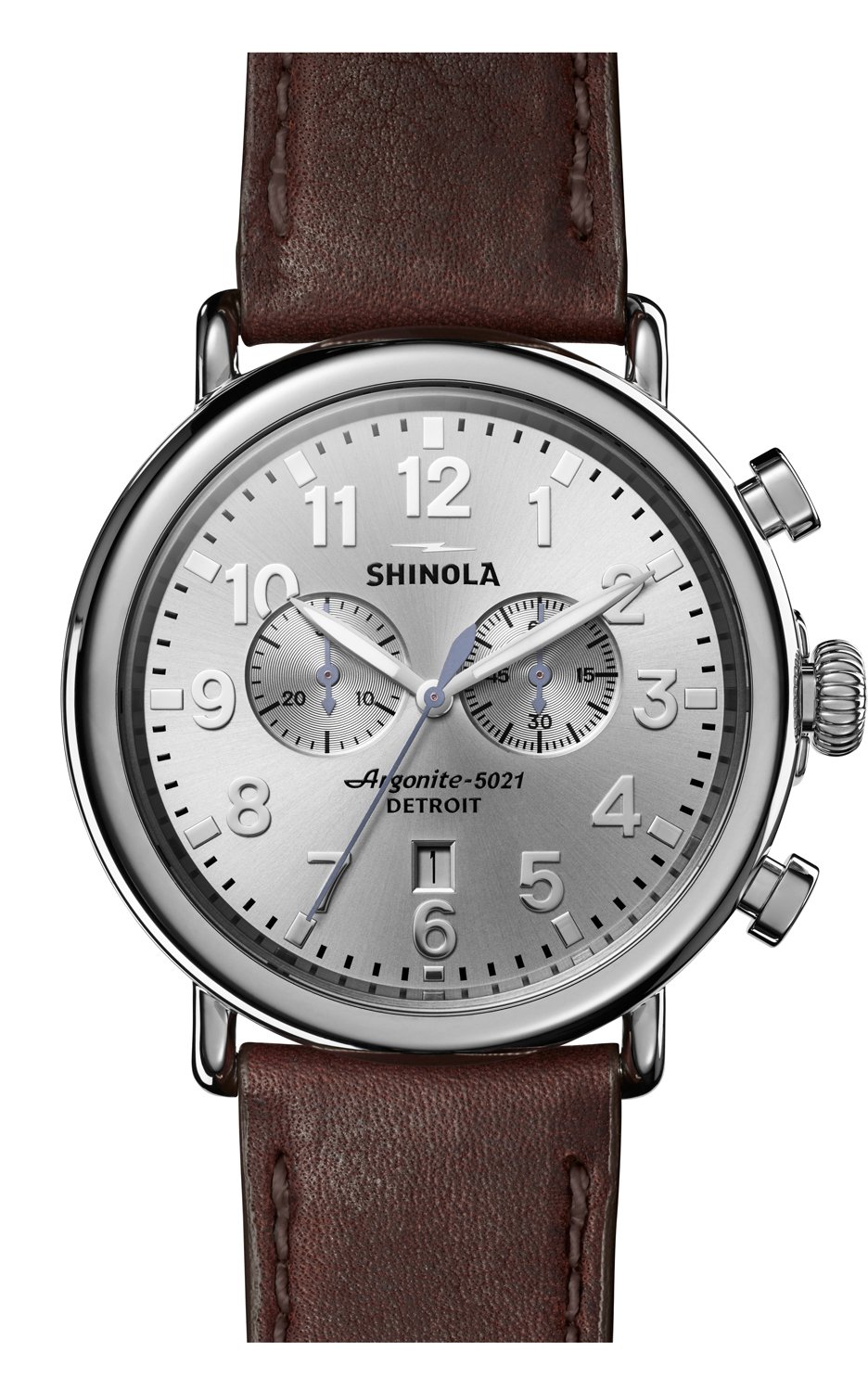 Shinola The Runwell Chrono Silver Sunray Dial Brown Leather Watch, 47mm -  S0120077936