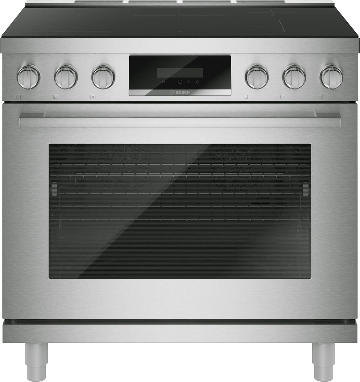Bosch HIS8657U 800 Series 36 inch Industrial Style Induction Range with 5 Elements, 5.4 cu. ft. Oven Capacity, Convection, Illuminated Knobs and Ergonomic Tilted Display in Stainless Steel