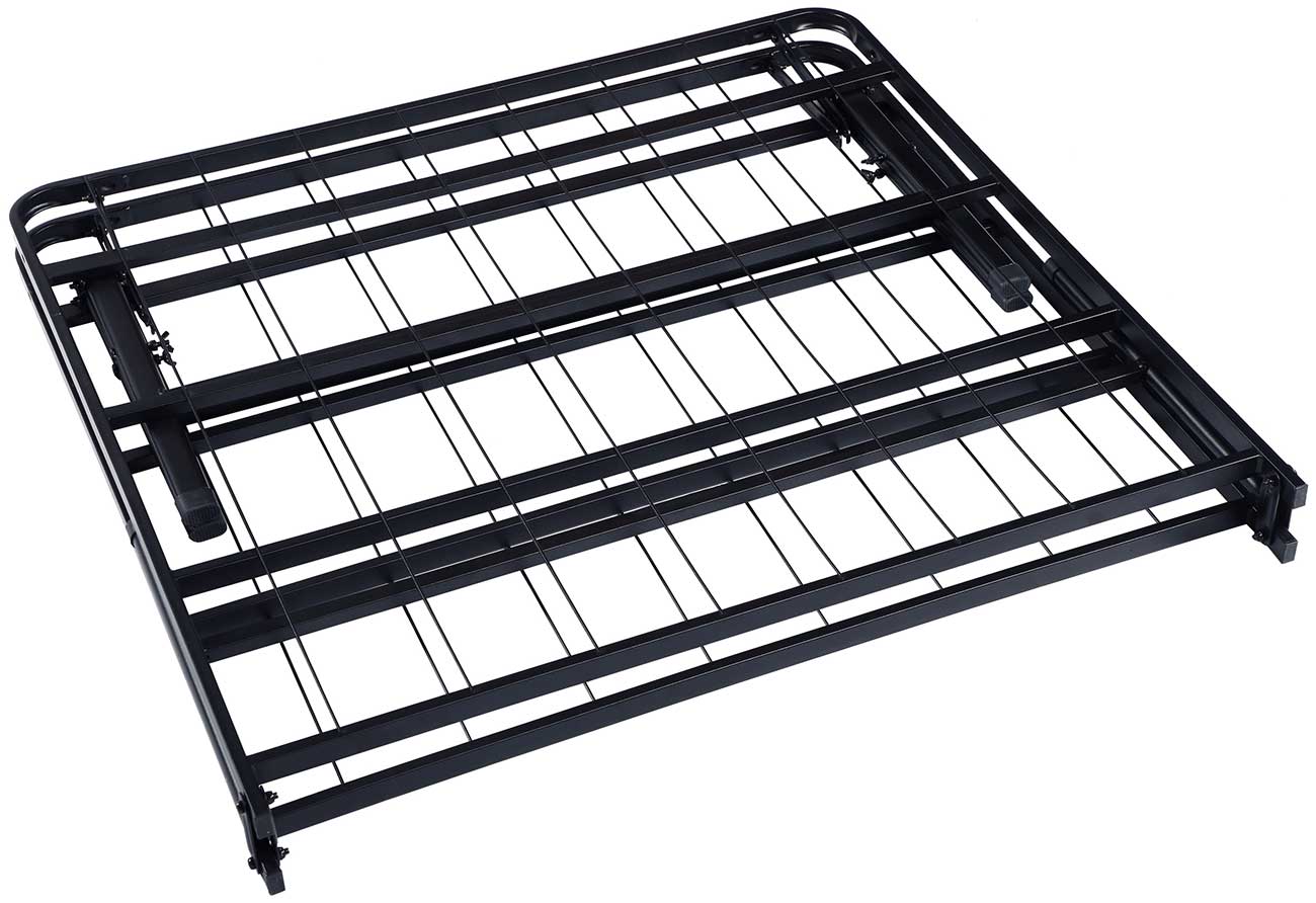 A black metal bed frame with a grid-like structure