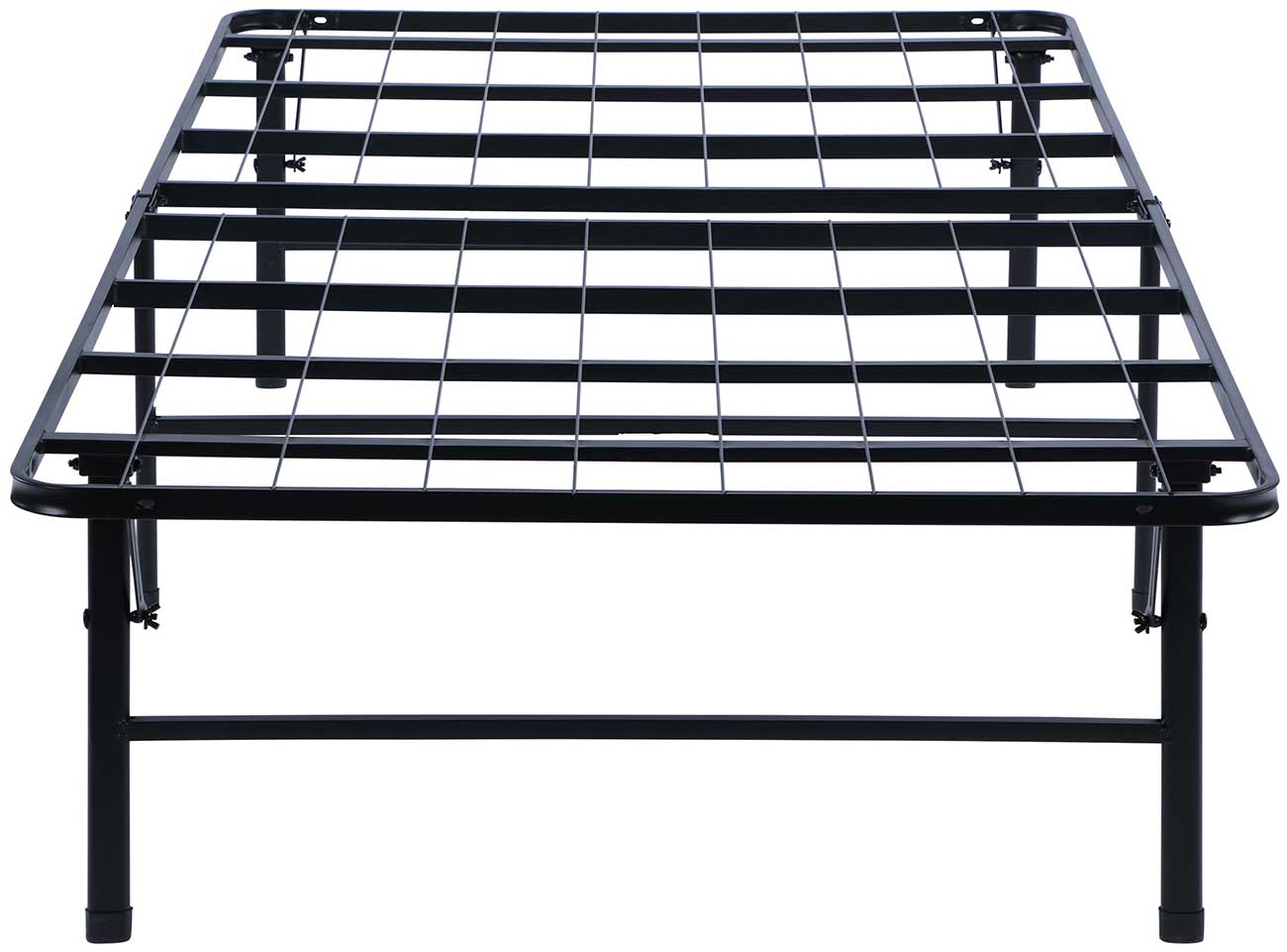 A black metal bed frame with a grid-like structure