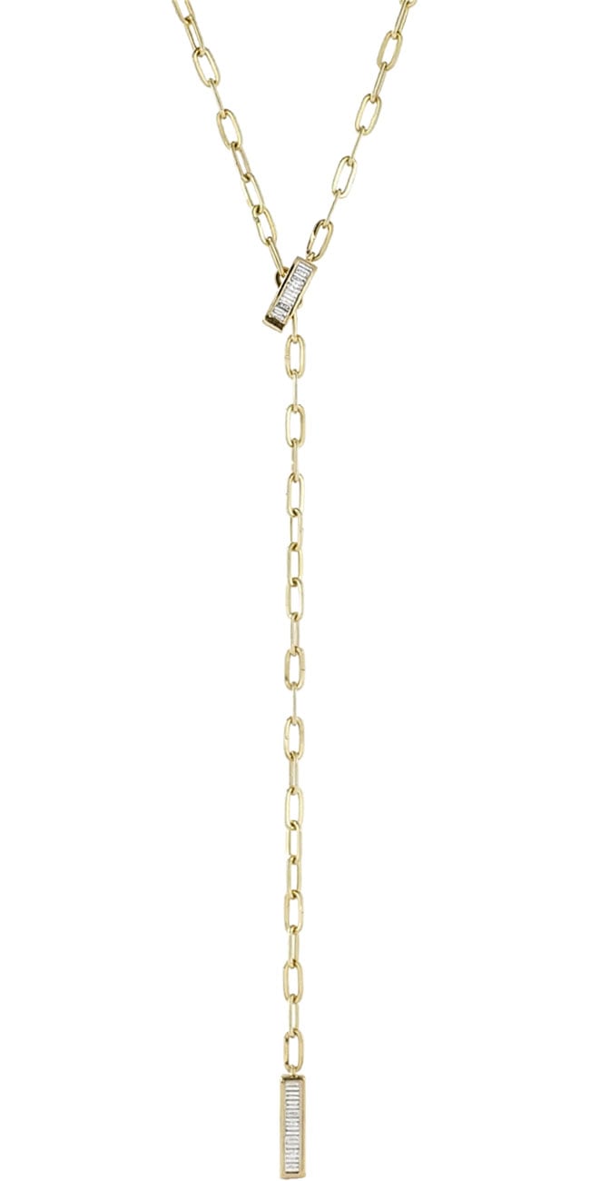Dana Rebecca Designs Sadie Pearl Baguette Paperclip Lariat Necklace in 14K Yellow Gold