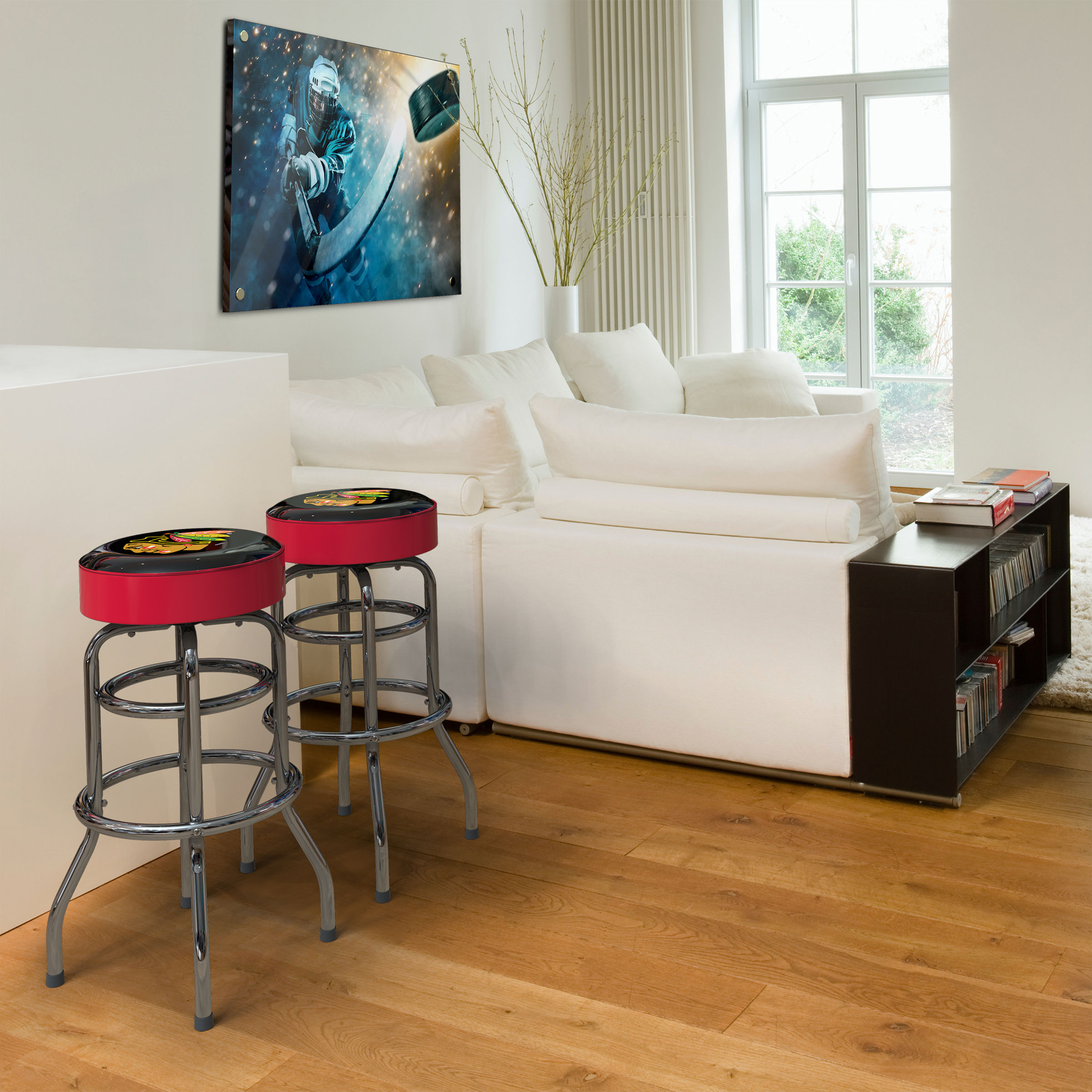 Chicago Blackhawks bar stools in living room