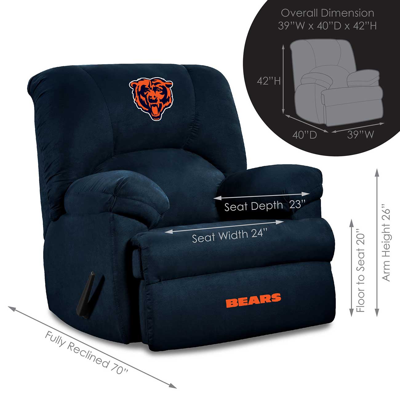 A navy blue recliner with an orange bear logo on the backrest and 'BEARS' on the footrest, with dimensions listed.