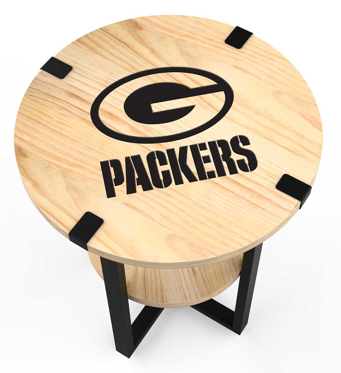 Diagram of table dimensions: 18 inch diameter top, 12 inch diameter lower shelf, 22 inch overall height, 13.75 inch base, 0.75 inch thick boards.