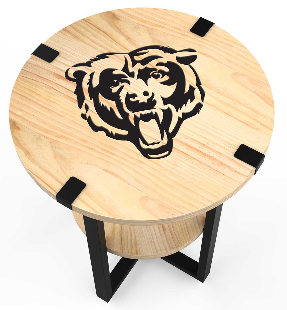 Close view of the top with bear graphic and rubber corner protectors on the edges