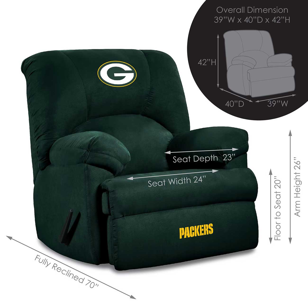 Green recliner chair with dimensions