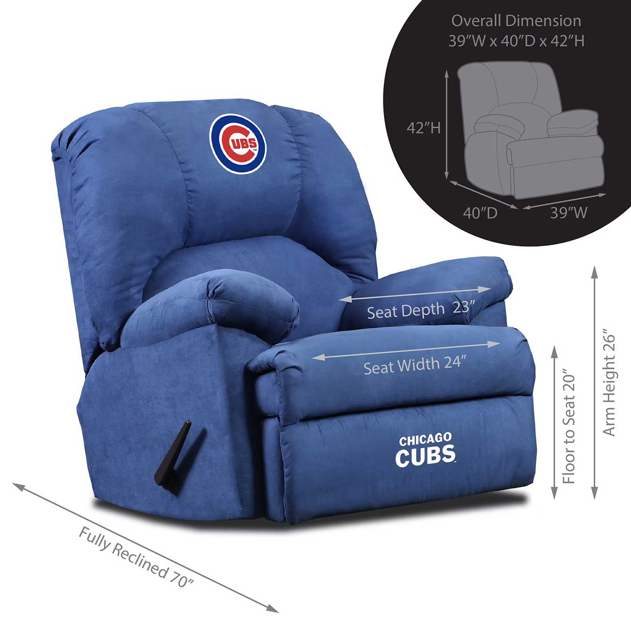 A blue recliner with a Chicago Cubs logo on the headrest and footrest, with dimensions listed.
