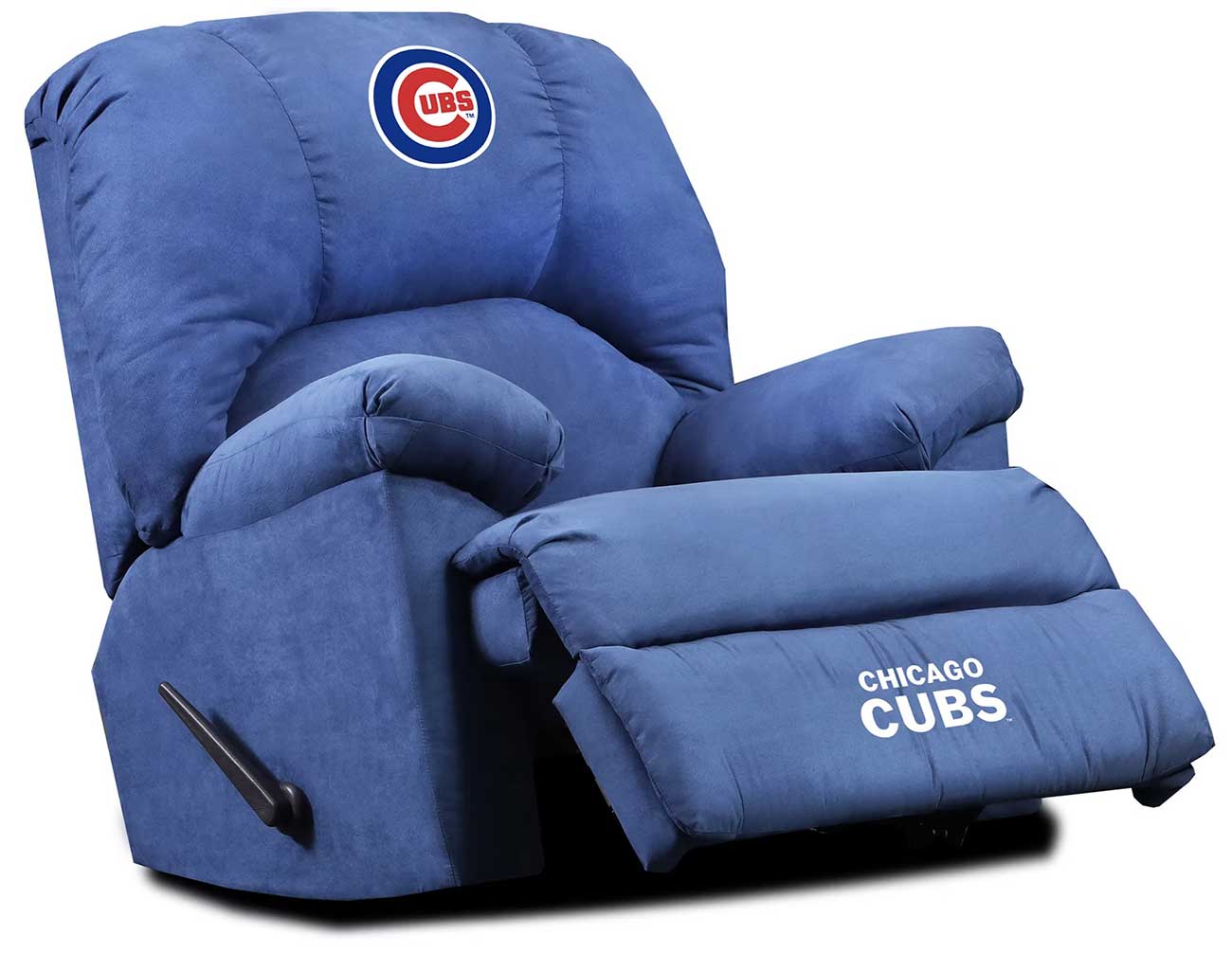 A blue recliner with a Chicago Cubs logo on the headrest and footrest.