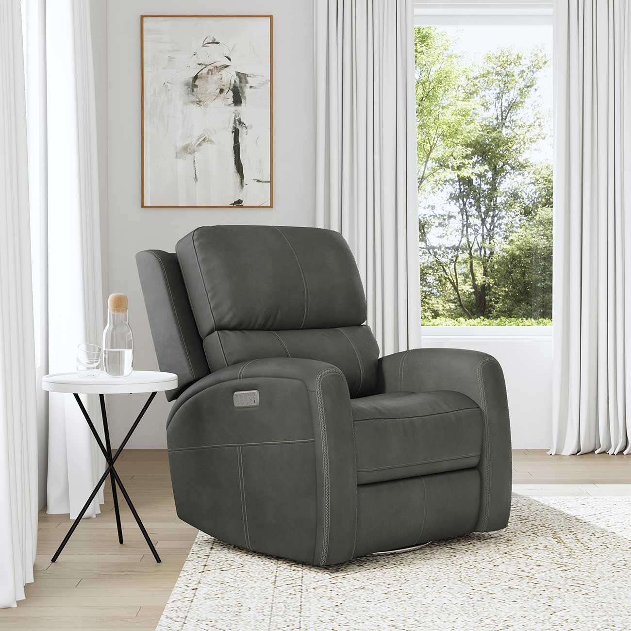 Flexsteel Linden Charcoal Leather Power Swivel Gliding Recliner