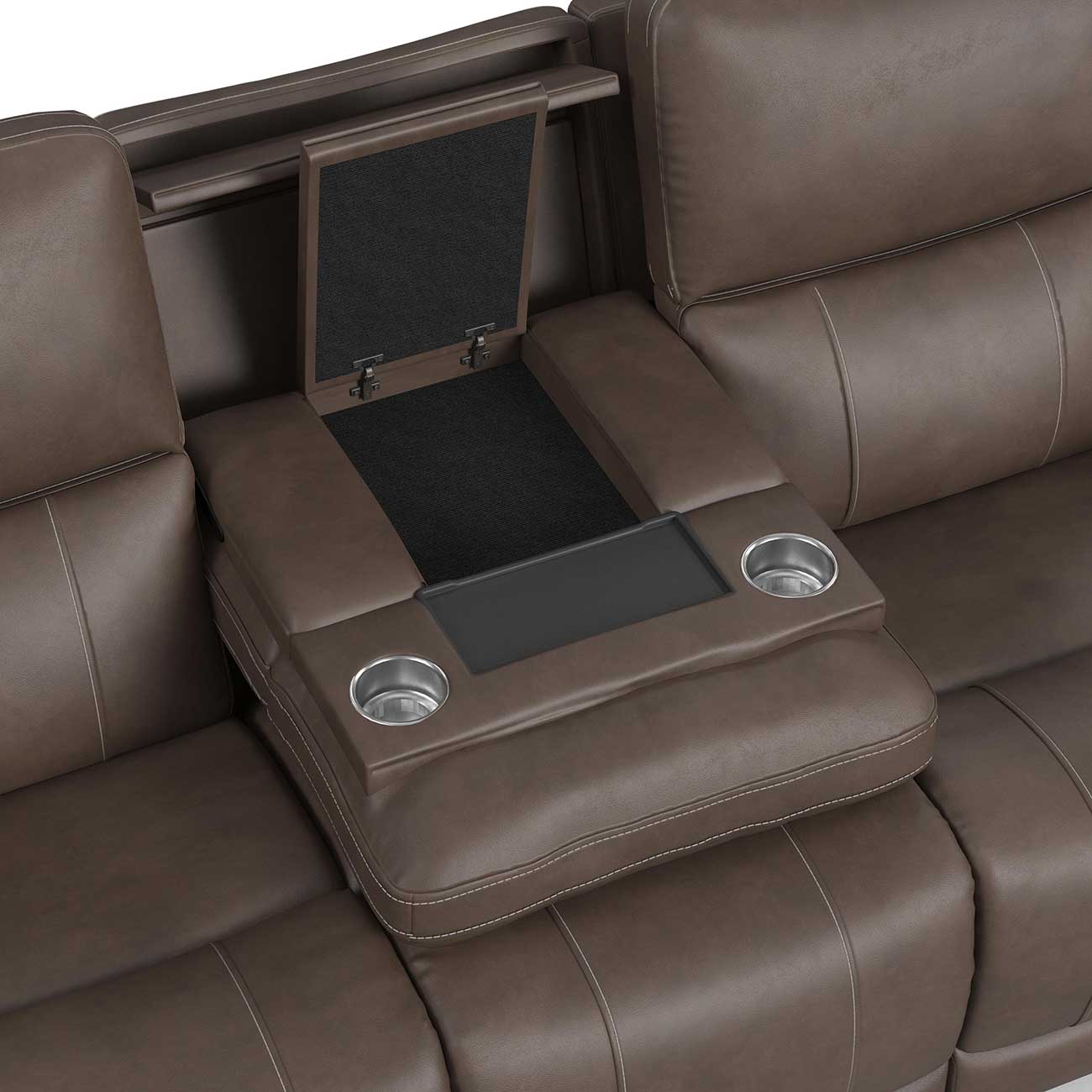 Close-up of brown leather recliner arm and USB/controls panel on side, showcasing stitching and armrest detail.