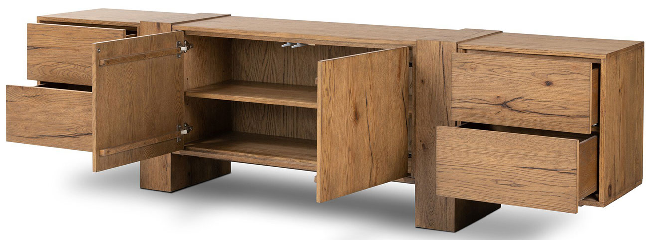 Four Hands Fisher Media Console in Rustic Amber Oak Veneer