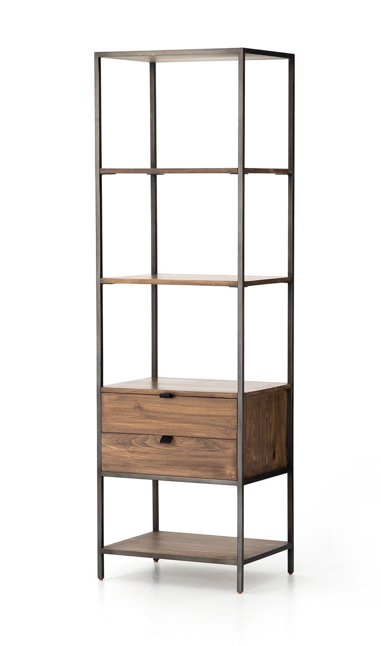 Theodore Industrial Loft Brown Wood Grey Iron Frame 2 Drawer Display Bookcase