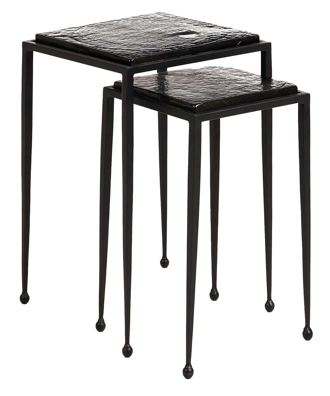 Fector Industrial Smoked Black Glass Iron Square Nesting End Table - Set of 2