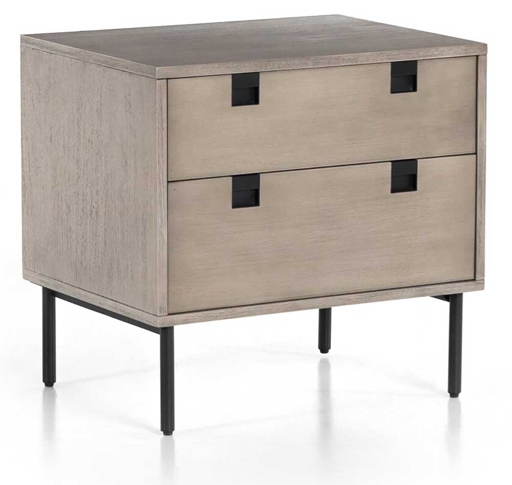 Currie Modern Classic Grey Wash Acacia Wood Black Iron Nightstand